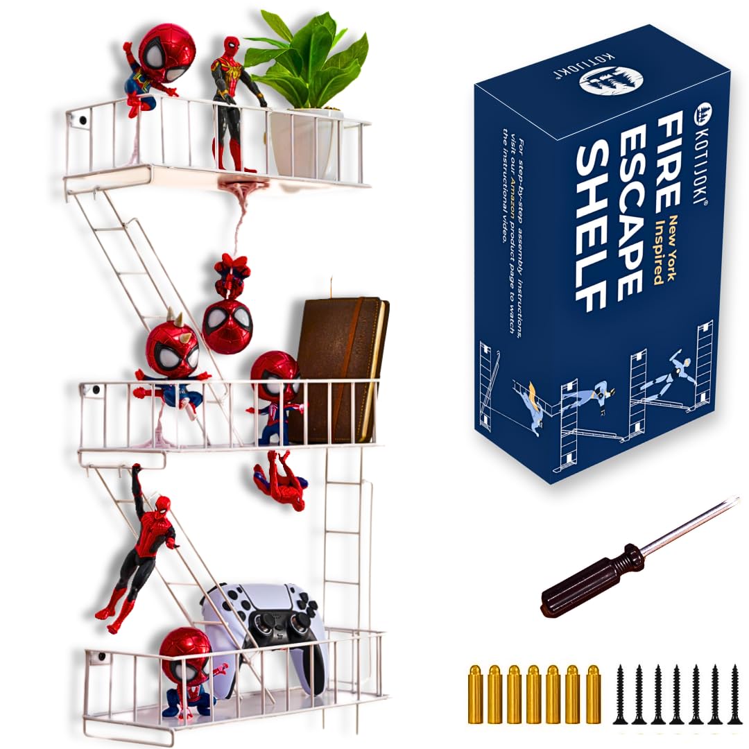 Fire Escape Wall Shelf - New York Metal Decorative Shelf with Screwdriver & Screws, Rustic Wall Shelves for Bedroom, Home Décor, Action Figure Display (3-Tier Black Floating Shelves)