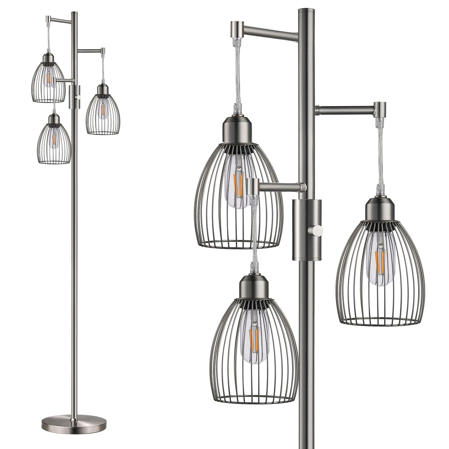 Dimmable Industrial Floor Lamps for Living Room, Gold Tree Standing Tall Lamps with 3 Elegant Teardrop Cage Head & 800 Lumens LED Bulbs