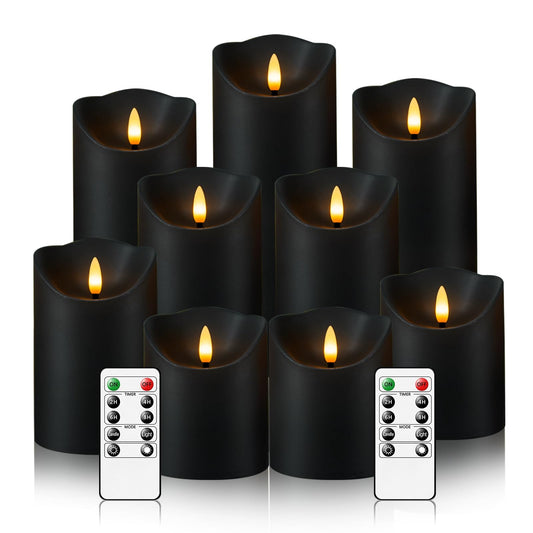 Flameless Candles with Remote, Battery Operated Flickering Flameless Candles, LED Candles with Timer 2/4/6/8H, with Realistic LED Candles Set of 9 (D3 x H 3" 4" 5" 6" 7") (Black)