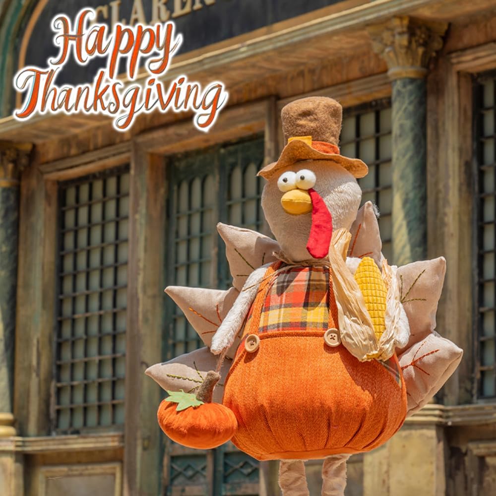 unanscre 22.5’’-36.5’’ Standing Thanksgiving Turkey Plush Decoration - Large Turkey Gnome w/Retractable Spring Legs Stuffed Doll Handmade for Autumn Harvest Ornaments, Home Farmhouse Fall Decor