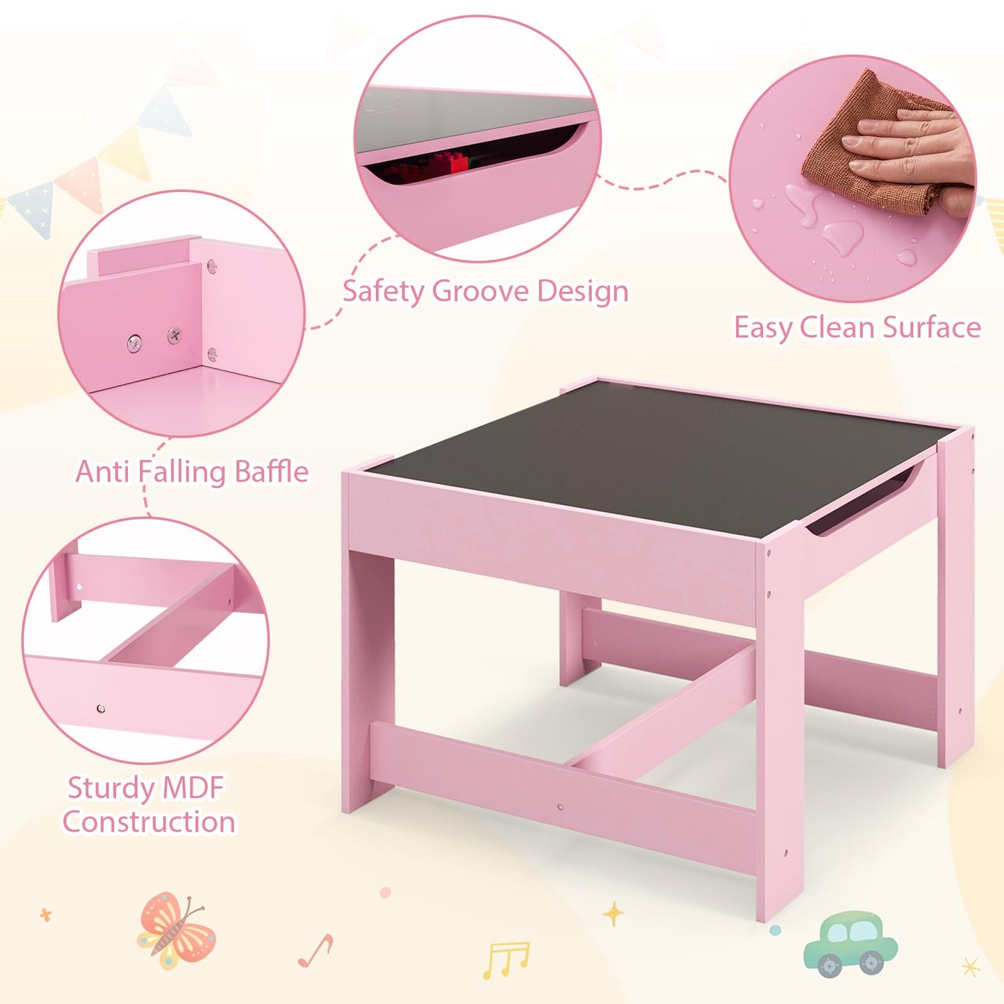 Costzon Kids Table and Chairs, 4 in 1 Wooden Activity Desk Set w/Reversible Tabletop, Bookshelves & Storage Drawers for Drawing, Reading, Crafts, Playing, Toddler Table and Chair Set