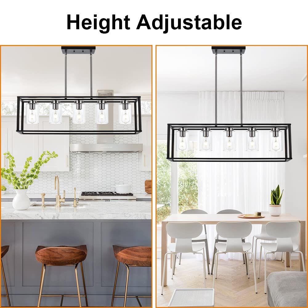 VINLUZ Farmhouse Chandeliers for Kitchen Island with Clear Glass Shade Black and Brushed Brass 5 Light Dining Room Lighting Fixtures Hanging, Rectangle Pendant Lights Industrial Ceiling Light