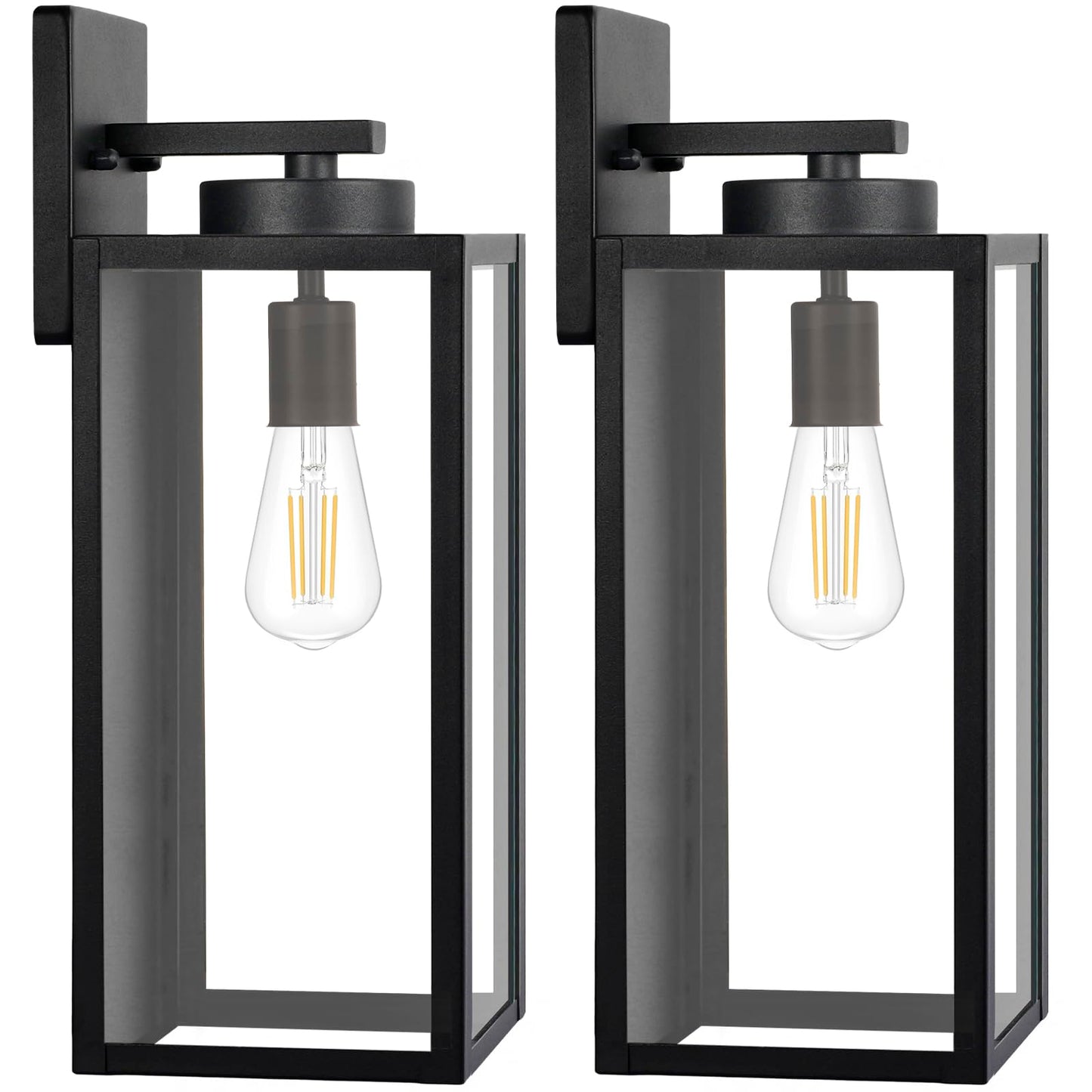 Outdoor Wall Light Fixtures, Exterior Waterproof Wall Lanterns, Porch Sconces Lighting with E26 Sockets & Glass Shades, Modern Matte Black Outside Lights for Patio Front Door Entryway Garage, 2-Pack