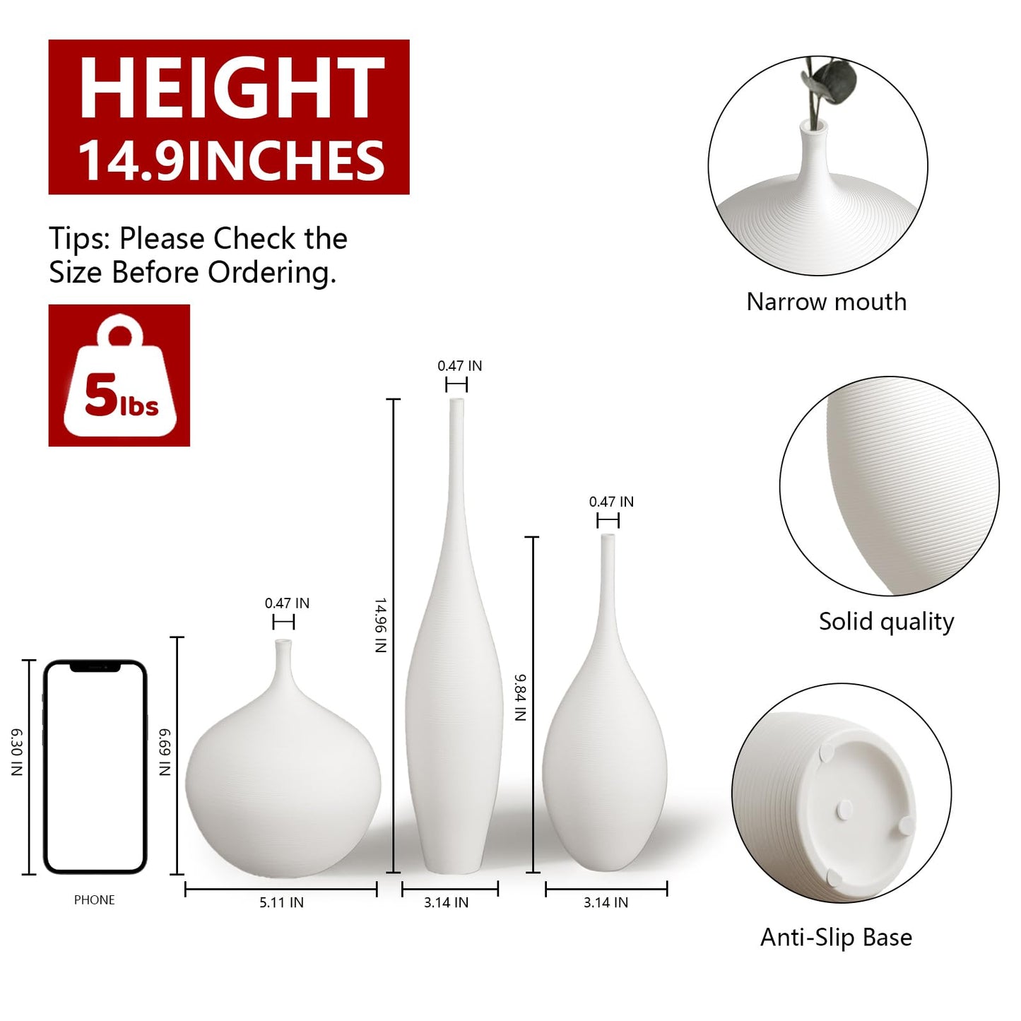 White Ceramic Vase Modern Boho Wabi-Sabi Flower Vase Set of 3 Decorative Aesthetic Vases for Centerpieces Pampas Matte Minimalist Vases for Living Room Table Shelf Home Decor Gift