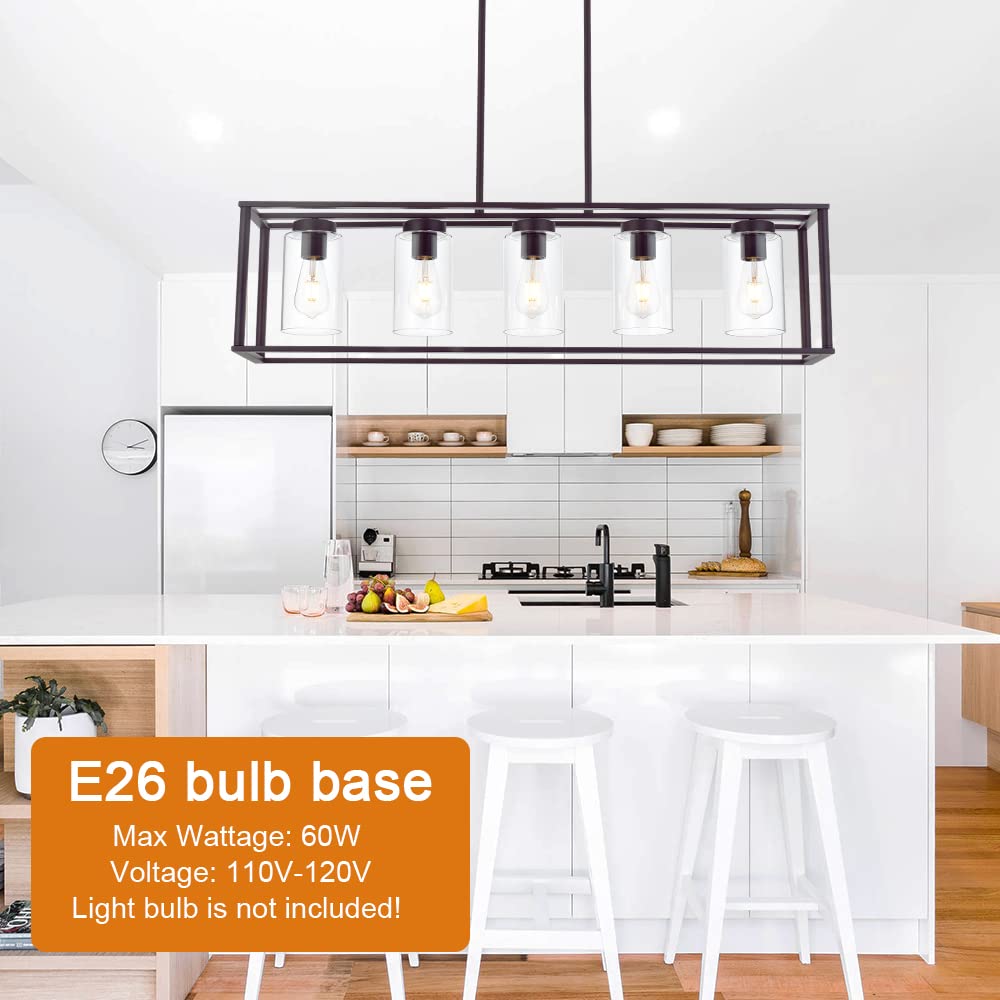 VINLUZ Farmhouse Chandeliers for Kitchen Island with Clear Glass Shade Black and Brushed Brass 5 Light Dining Room Lighting Fixtures Hanging, Rectangle Pendant Lights Industrial Ceiling Light
