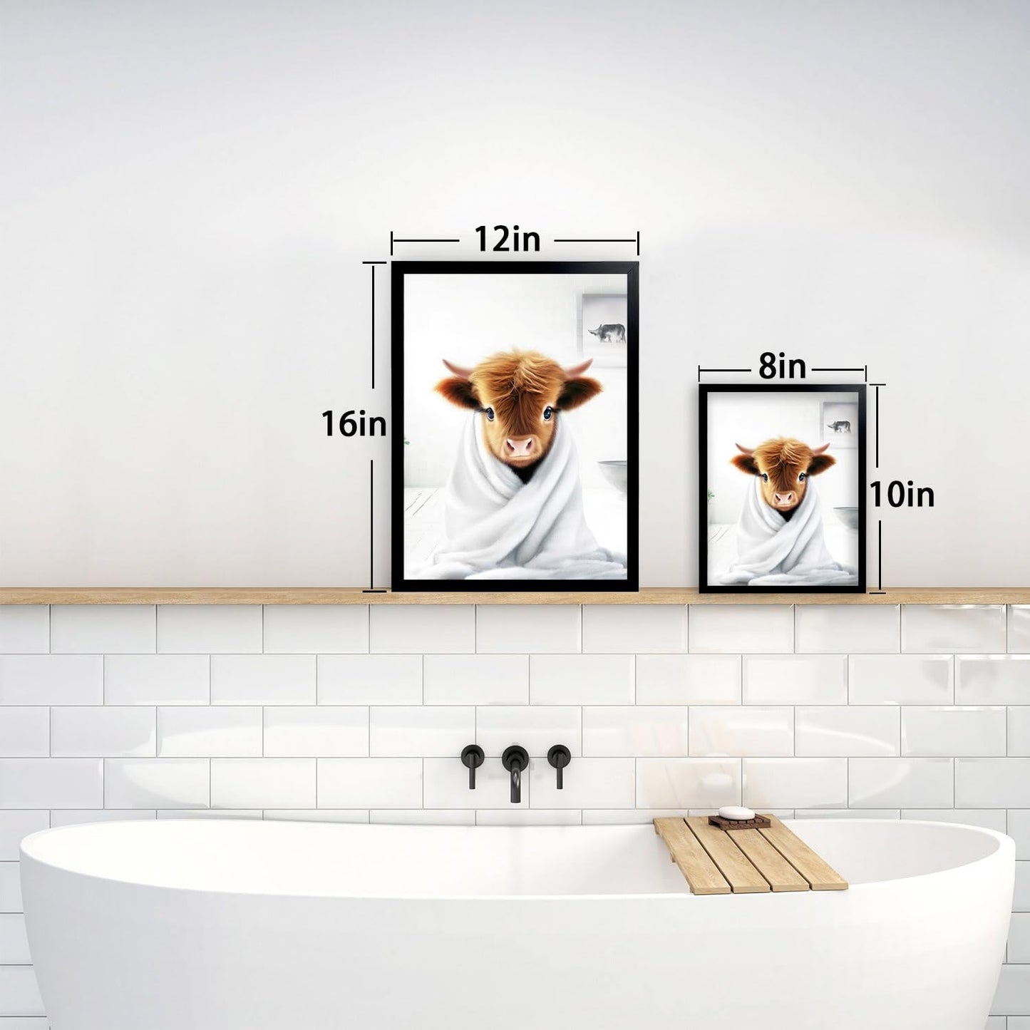 Foduuo Wall Art, Funny Highland Cow Poster, Black Framed, Waterproof, Bathroom Decoration