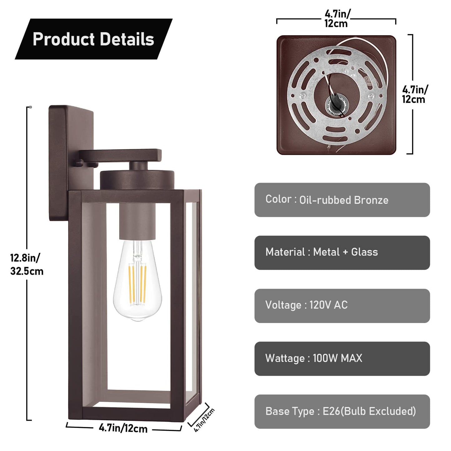 Outdoor Wall Light Fixtures, Exterior Waterproof Wall Lanterns, Porch Sconces Lighting with E26 Sockets & Glass Shades, Modern Matte Black Outside Lights for Patio Front Door Entryway Garage, 2-Pack