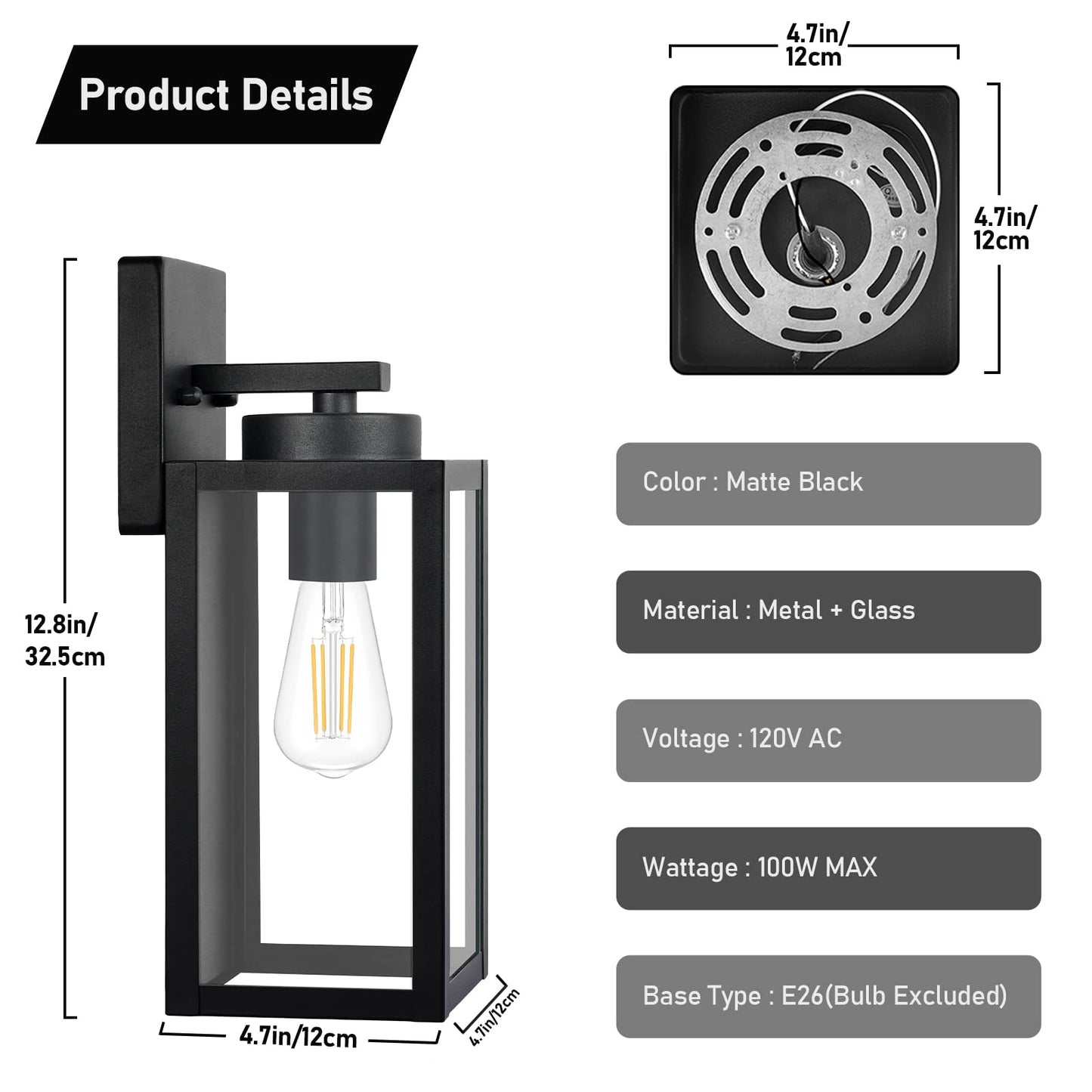 Outdoor Wall Light Fixtures, Exterior Waterproof Wall Lanterns, Porch Sconces Lighting with E26 Sockets & Glass Shades, Modern Matte Black Outside Lights for Patio Front Door Entryway Garage, 2-Pack
