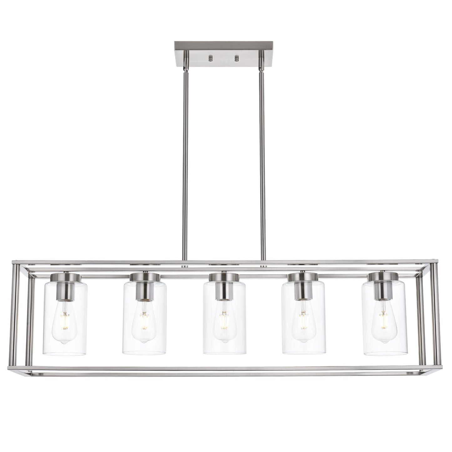 VINLUZ Farmhouse Chandeliers for Kitchen Island with Clear Glass Shade Black and Brushed Brass 5 Light Dining Room Lighting Fixtures Hanging, Rectangle Pendant Lights Industrial Ceiling Light