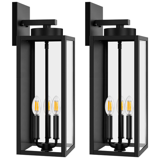 Outdoor Wall Light Fixtures, Exterior Waterproof Wall Lanterns, Porch Sconces Lighting with E26 Sockets & Glass Shades, Modern Matte Black Outside Lights for Patio Front Door Entryway Garage, 2-Pack