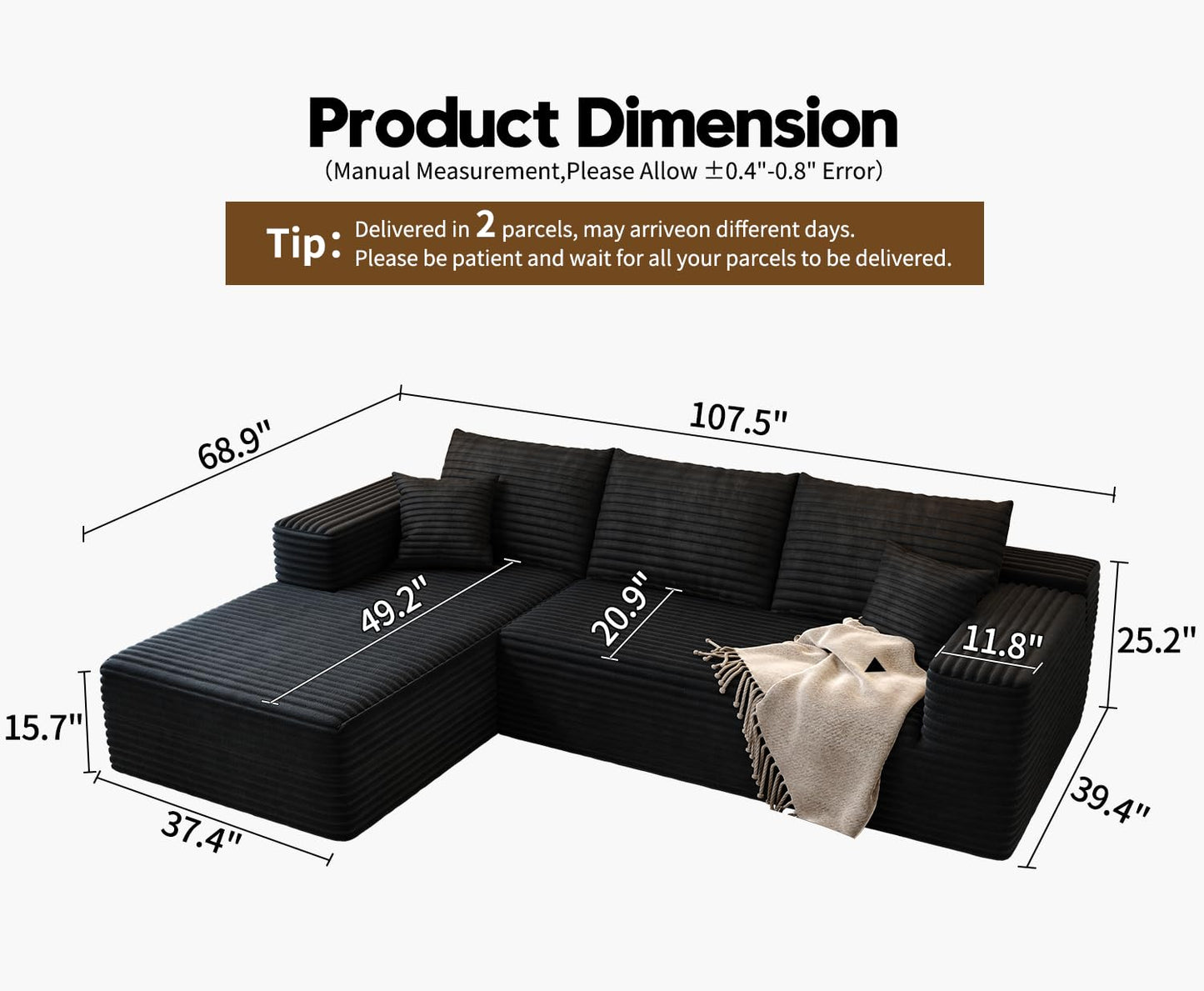 107.5" Cloud Modular Sectional Sofa with 1 Ottoman,Modern Minimalist Upholstered Couches, Comfort U Shaped Sofa for Living Room,Deep Seat Corner Couch，No Assembly Required (Black,Left Facing Chaise)