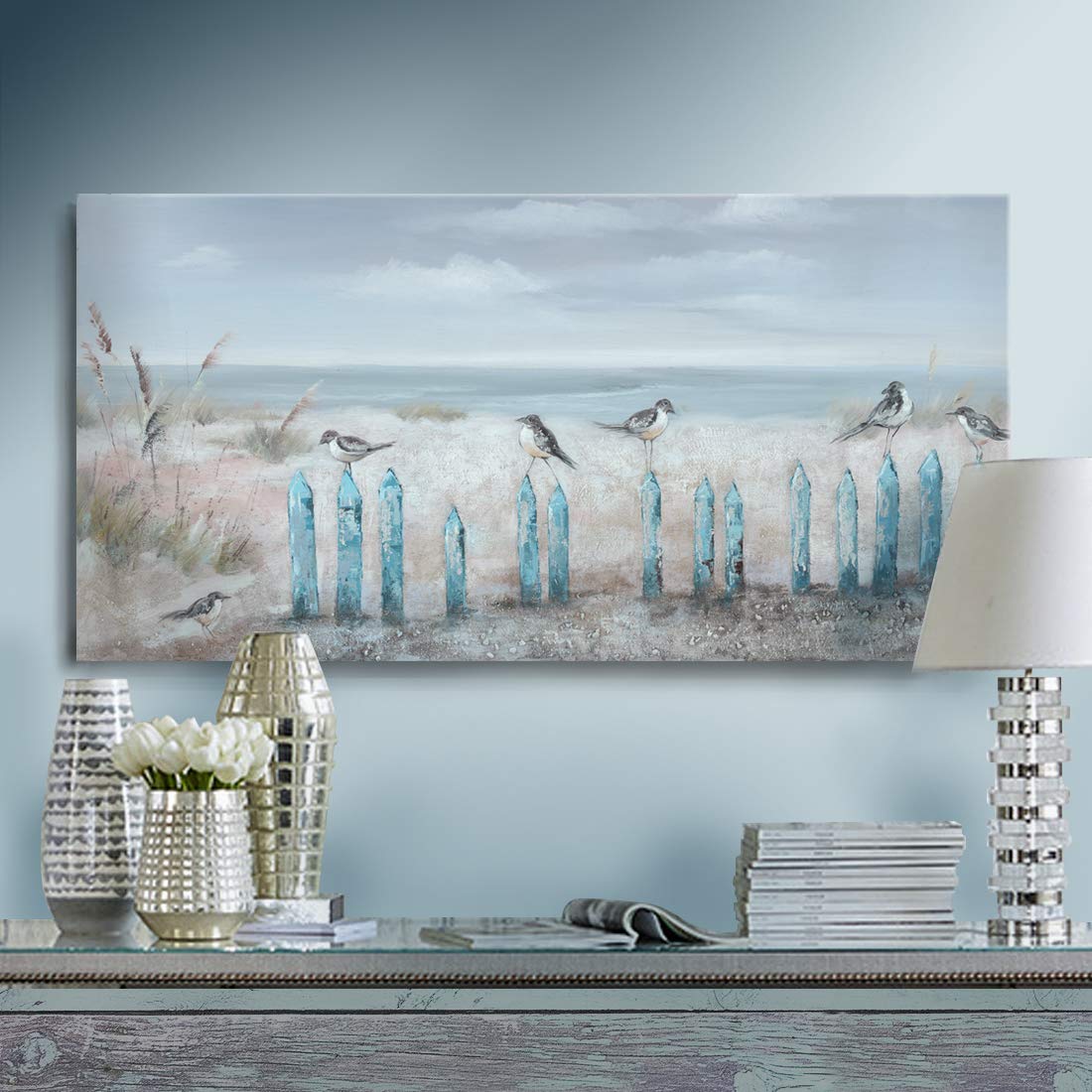 3 Piece Wall Art Hand-Painted Framed Flower Oil Painting On Canvas Gallery Wrapped Modern Floral Artwork for Living Room Bedroom Décor Teal Blue Lake Ready to Hang 12"x16"x3 panel