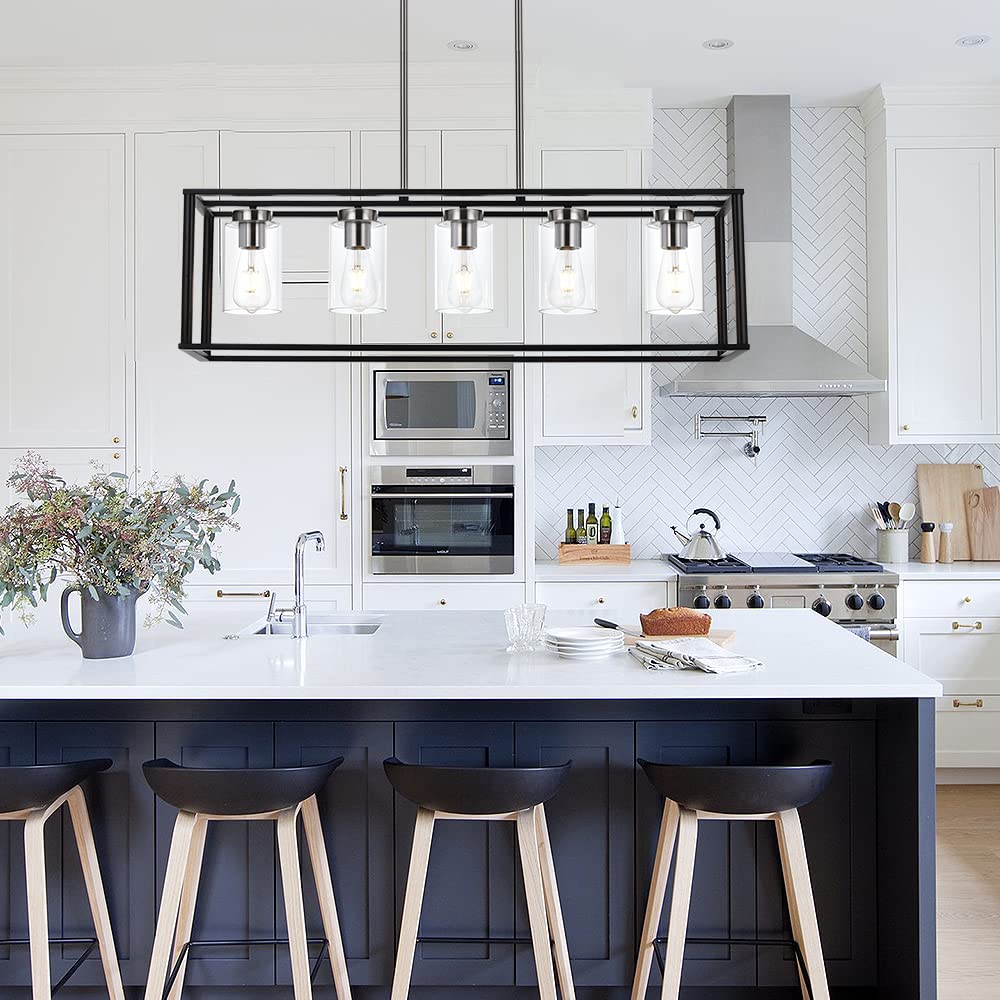 VINLUZ Farmhouse Chandeliers for Kitchen Island with Clear Glass Shade Black and Brushed Brass 5 Light Dining Room Lighting Fixtures Hanging, Rectangle Pendant Lights Industrial Ceiling Light