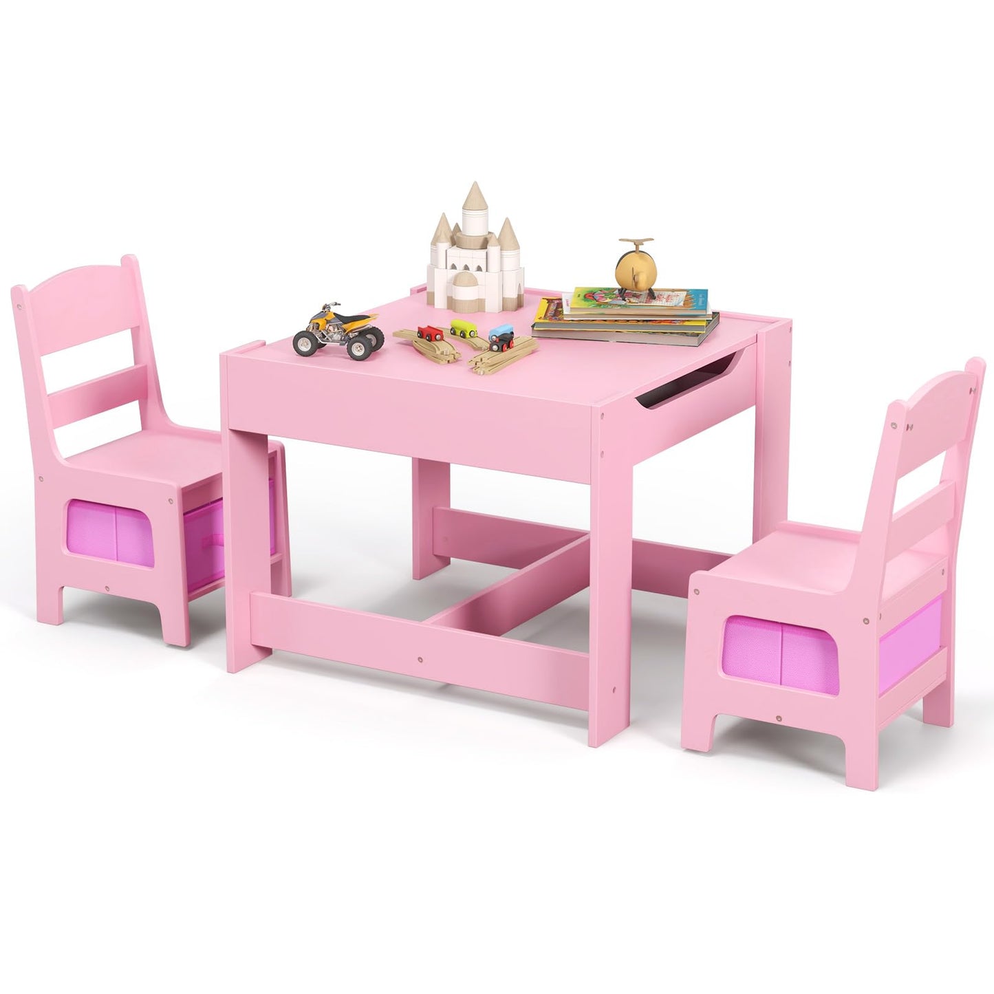 Costzon Kids Table and Chairs, 4 in 1 Wooden Activity Desk Set w/Reversible Tabletop, Bookshelves & Storage Drawers for Drawing, Reading, Crafts, Playing, Toddler Table and Chair Set