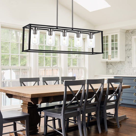 VINLUZ Farmhouse Chandeliers for Kitchen Island with Clear Glass Shade Black and Brushed Brass 5 Light Dining Room Lighting Fixtures Hanging, Rectangle Pendant Lights Industrial Ceiling Light