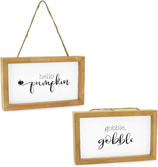 AuldHome Design Farmhouse Decor Fall Theme Wood Signs (Set of 2); Door Hanger Welcome Harvest Thanksgiving Autumn Seasonal Plaques 8.5 x 5 inches