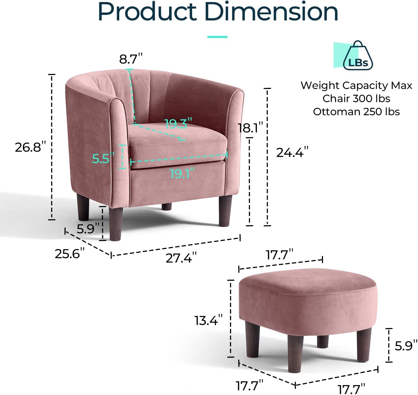 LINSY Accent Chair with Ottoman, Modern Barrel Chair Comfy Armchair with Footrest