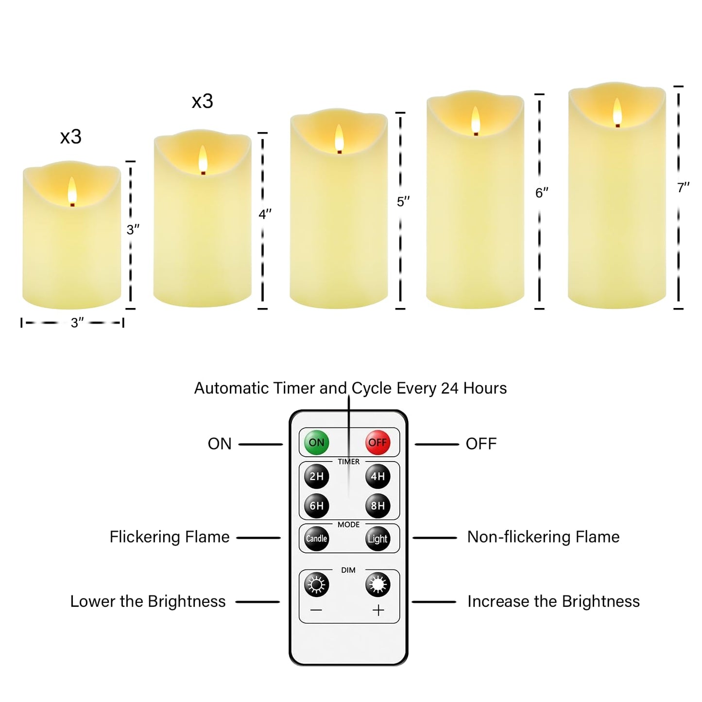 Flameless Candles with Remote, Battery Operated Flickering Flameless Candles, LED Candles with Timer 2/4/6/8H, with Realistic LED Candles Set of 9 (D3 x H 3" 4" 5" 6" 7") (Black)