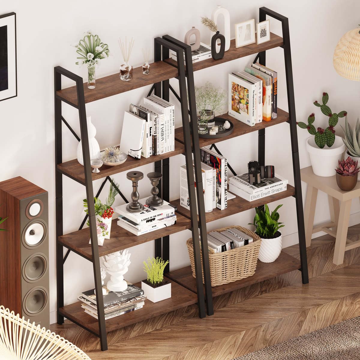 BON AUGURE Ladder Bookshelf, 4 Tier Ladder Shelf Bookcase, Wood Leaning Book Shelves for Living Room, Bedroom, Home Office Shelving Unit (Dark Grey Oak)
