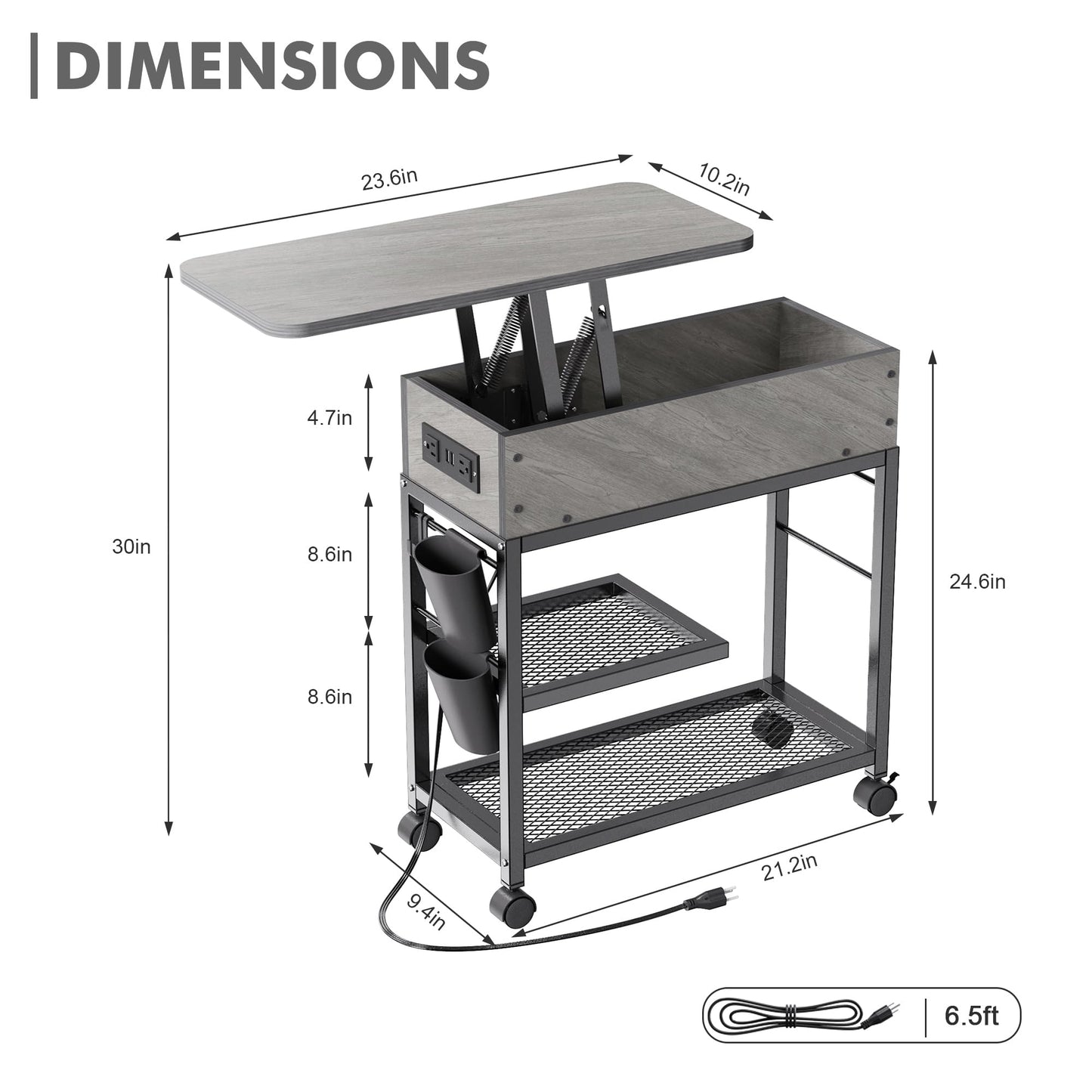 Colima Lift Top End Table with Charging Station and Wheels, Sofa Side Table with USB port