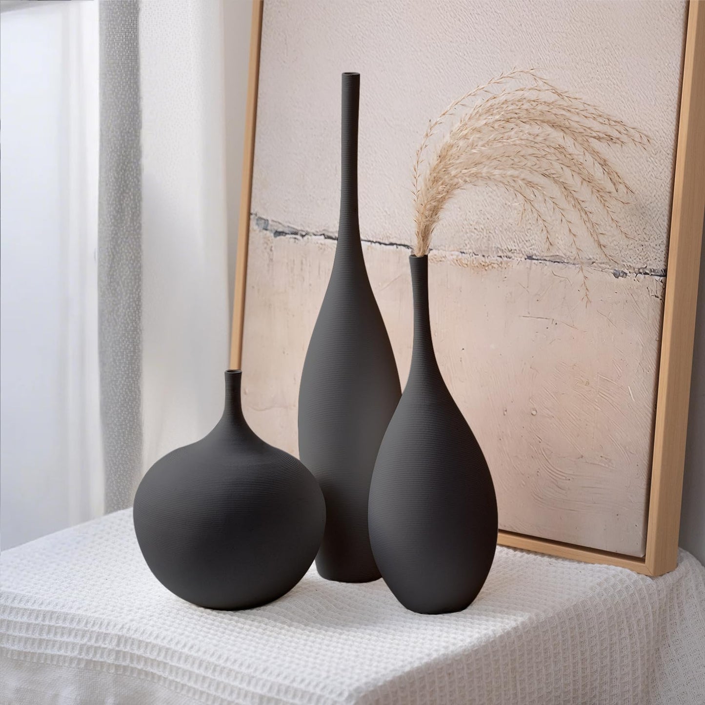 White Ceramic Vase Modern Boho Wabi-Sabi Flower Vase Set of 3 Decorative Aesthetic Vases for Centerpieces Pampas Matte Minimalist Vases for Living Room Table Shelf Home Decor Gift
