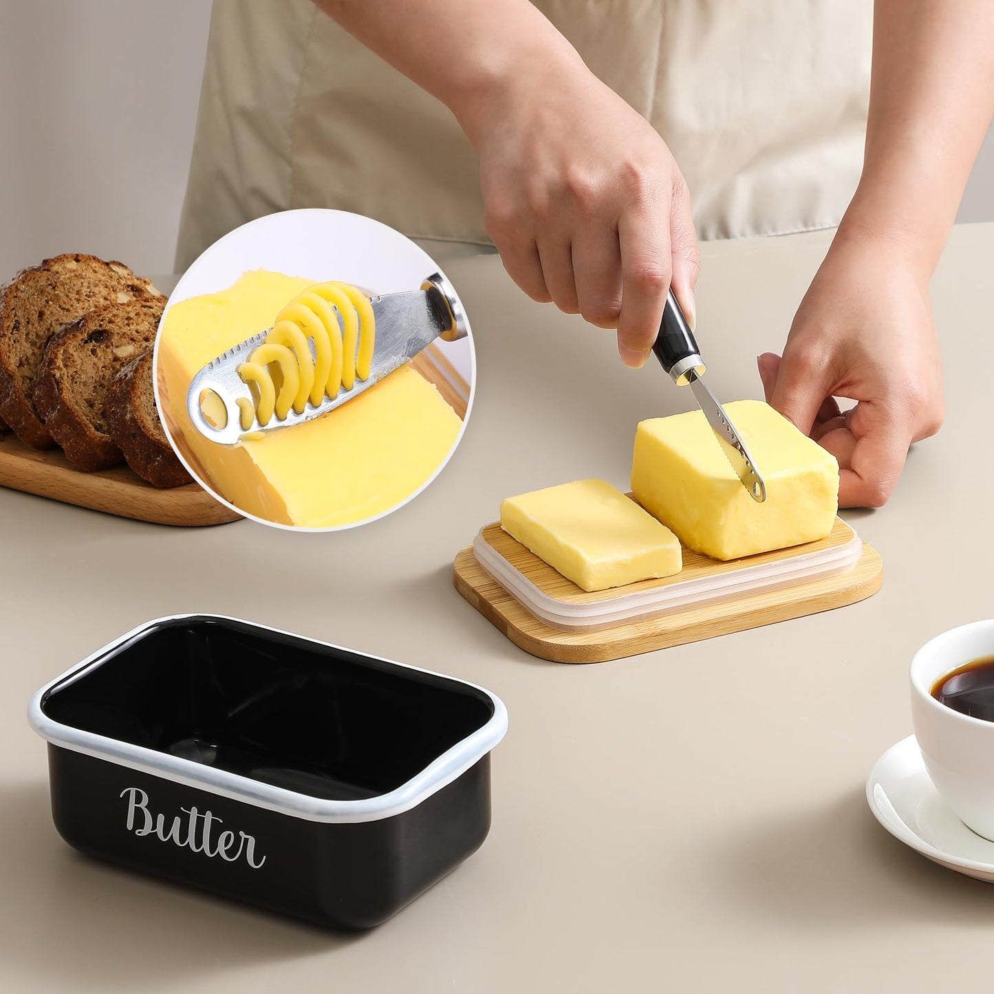 Butter Dish with Lid and Butter Curler Knife - Unbreakable Stainless Steel Keeper Container with Double Silicone Sealing, for Kitchen Farmhouse Decor