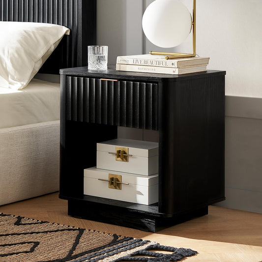 mopio Brooklyn Night Stand, Modern Farmhouse Nightstand, Small Side, Bedside Table with Drawer, End Table with Storage (Black Oak, Single)