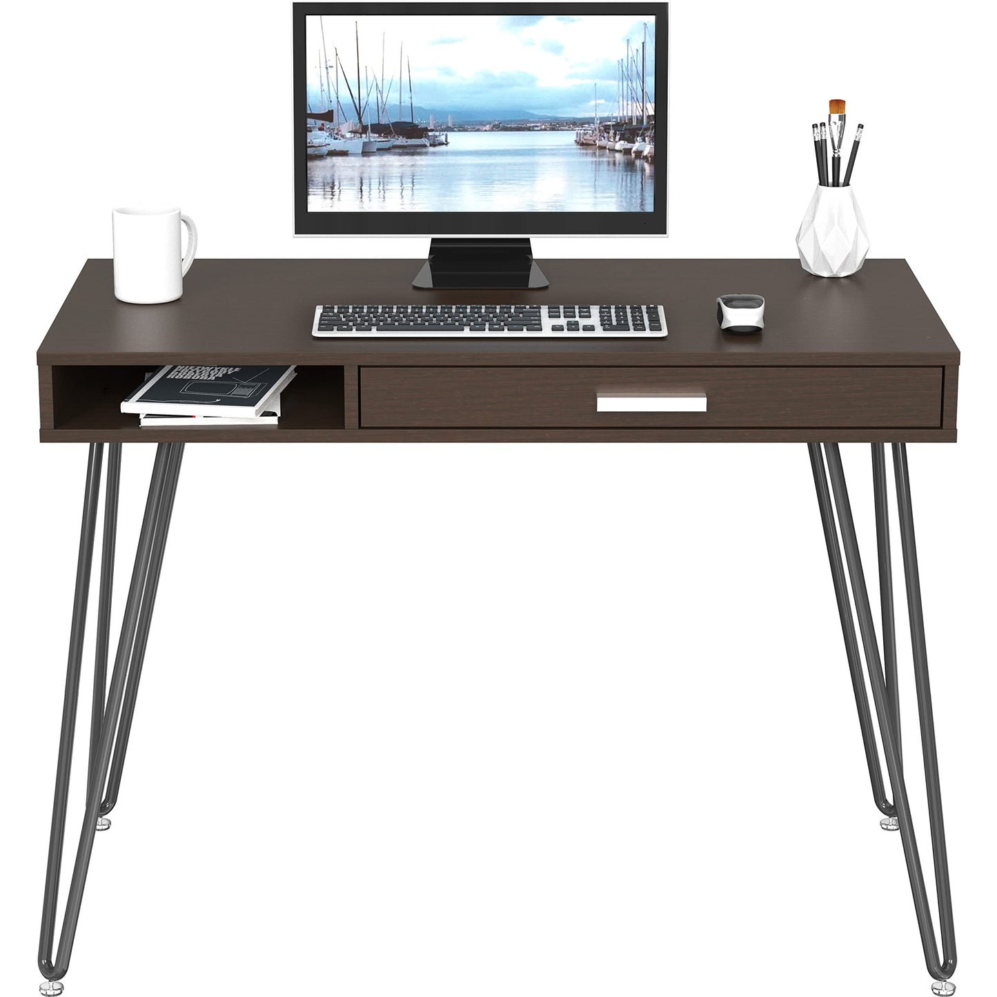 SHW Home Office Computer Hairpin Leg Desk with Drawer, Rustic Brown