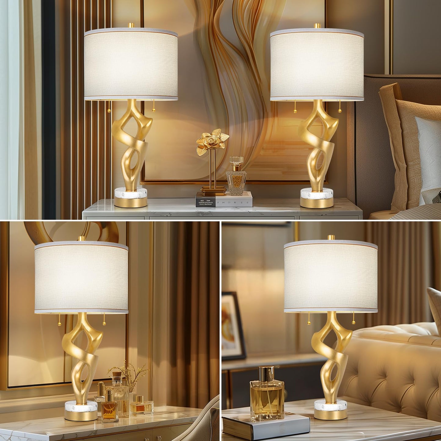 Scenekoy Sculptural Table Lamp Set of 2 for Bedroom, 26” Farmhouse Bedside Lamps for Living Room, Rustic Linen Shade Night Stand Lamp Marble Base with USB Ports for Home Decor (E26 Bulbs Included)