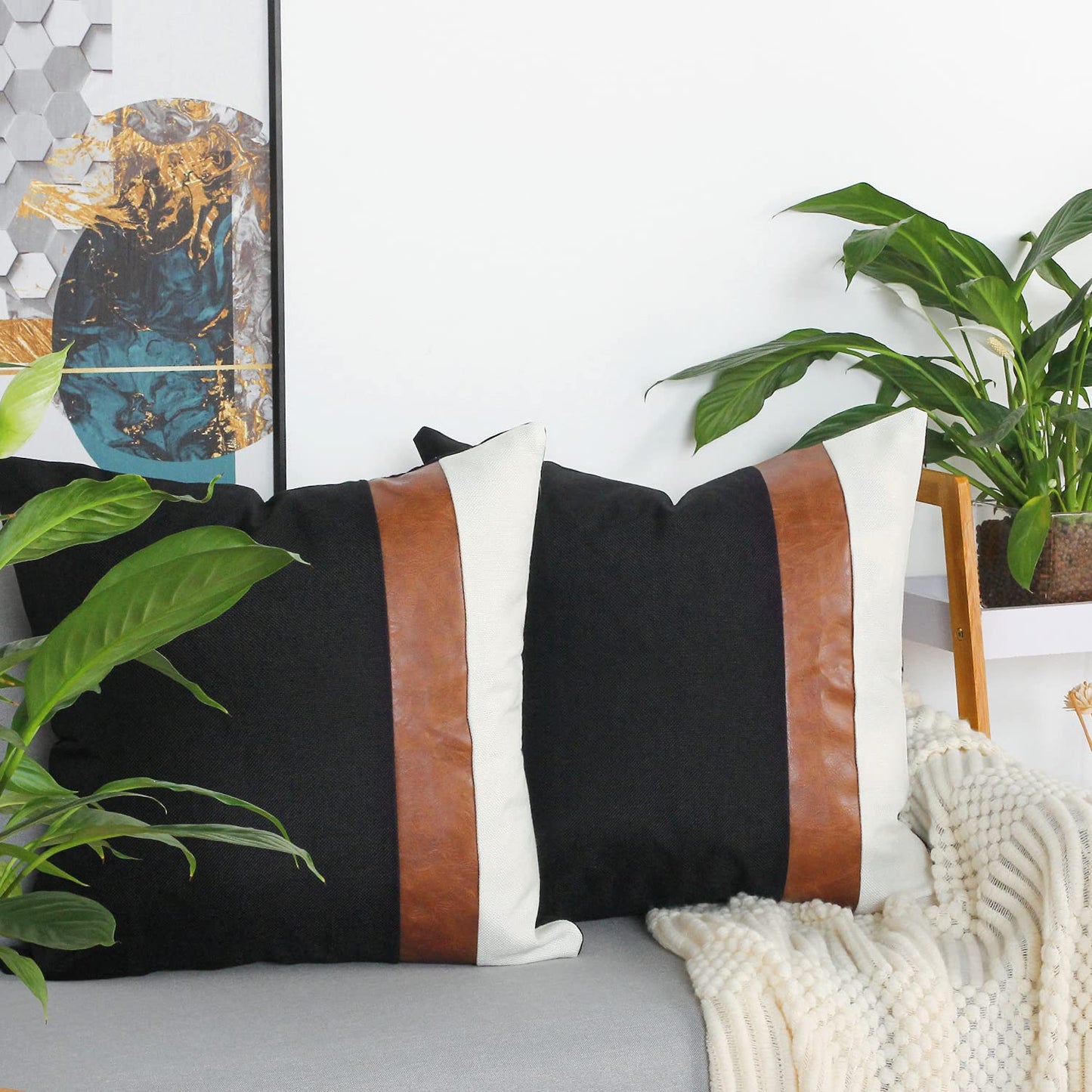 cygnus Set of 2 Faux Leather and Linen Throw Pillow Covers 18x18 Inch Black and White Modern Decorative Accent Cover