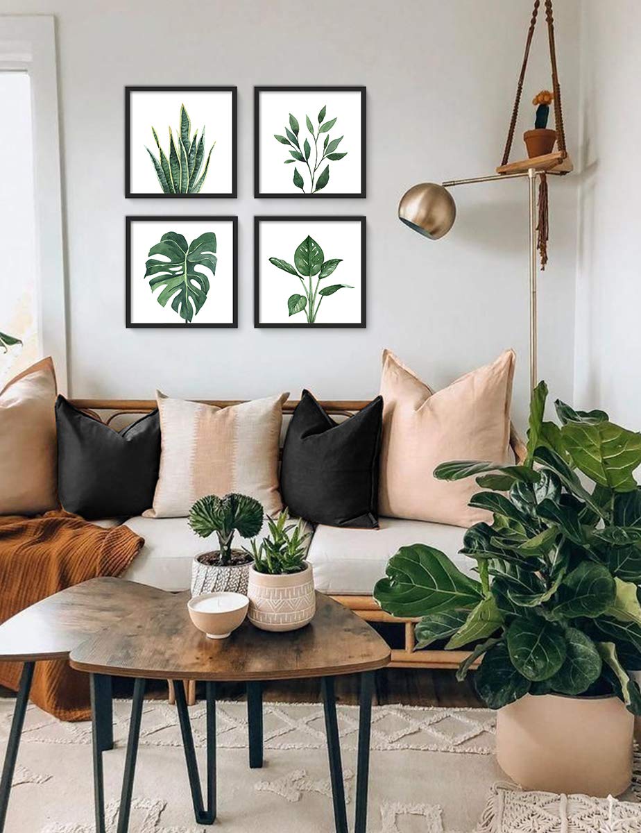ArtbyHannah Framed Bathroom Wall Decor, 10x10 Inch Botanical Wall Art with Sage Green Plant Print for Wall Decoration, Minimalist Restroom Decor (Walnut)