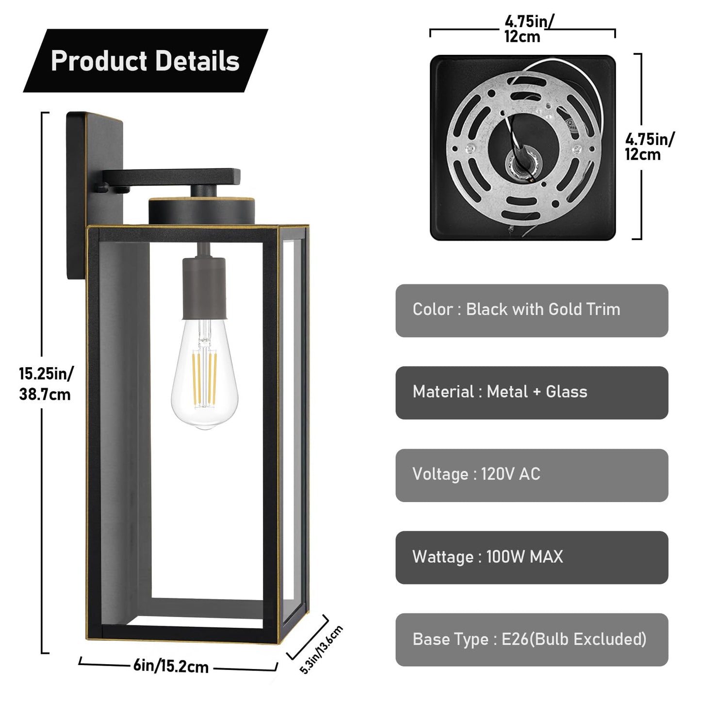 Outdoor Wall Light Fixtures, Exterior Waterproof Wall Lanterns, Porch Sconces Lighting with E26 Sockets & Glass Shades, Modern Matte Black Outside Lights for Patio Front Door Entryway Garage, 2-Pack