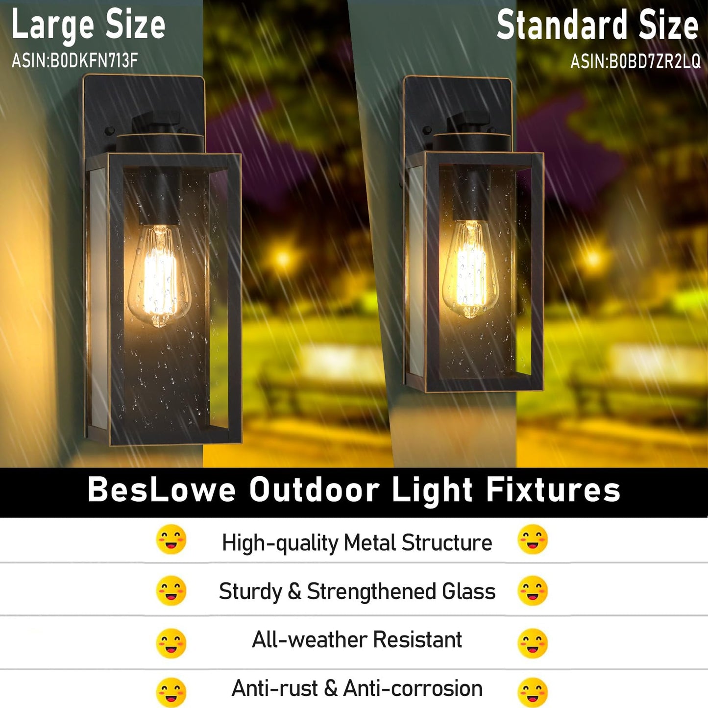 Outdoor Wall Light Fixtures, Exterior Waterproof Wall Lanterns, Porch Sconces Lighting with E26 Sockets & Glass Shades, Modern Matte Black Outside Lights for Patio Front Door Entryway Garage, 2-Pack