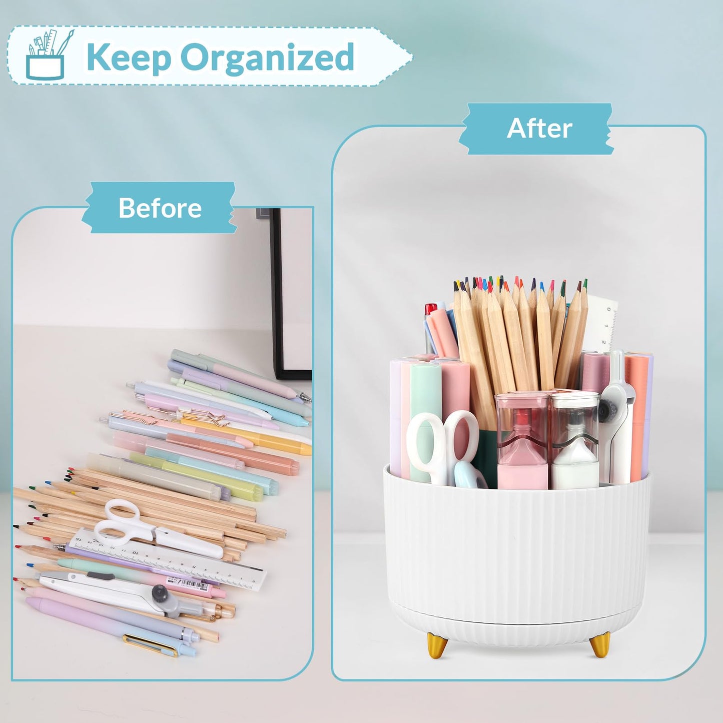 SKYDUE 360 Rotating Plastic Desk Pen Organizer with 5 Slots, Dual-Purpose Art Supply Pencil Cup for Office, School, Home