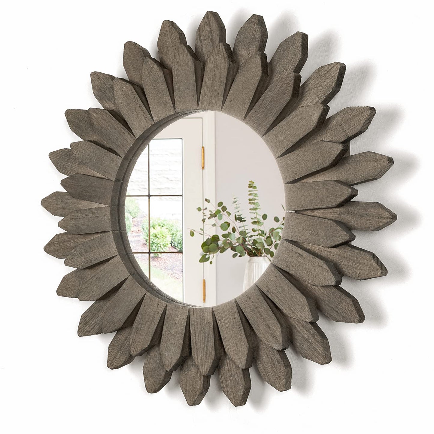 Honiway Wall Mirror Decorative 12 inch Rustic Wood Mirror Sunburst Boho Mirror for Entryway Bedroom Living Room Bathroom House Warming Gifts New Home Essential Carbonized Black