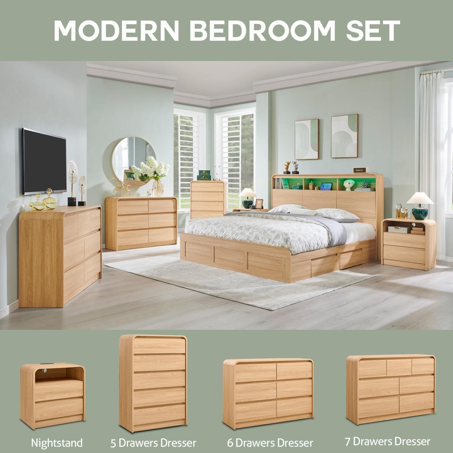 25" Tall Modern Nightstand Set of 2, 23.6'' Wide Wood Bedside Table w/2 Storage Drawers, Charging Station, Mid Century End Table for Bedroom, Living Room,Curved Profile Design, Natural Oak
