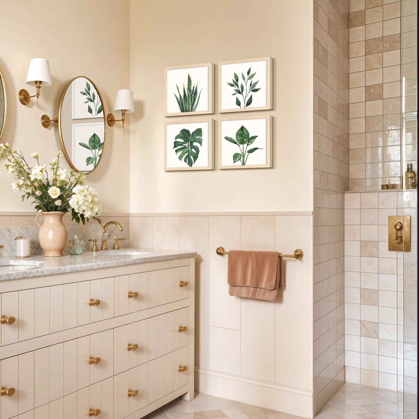 ArtbyHannah Framed Bathroom Wall Decor, 10x10 Inch Botanical Wall Art with Sage Green Plant Print for Wall Decoration, Minimalist Restroom Decor (Walnut)