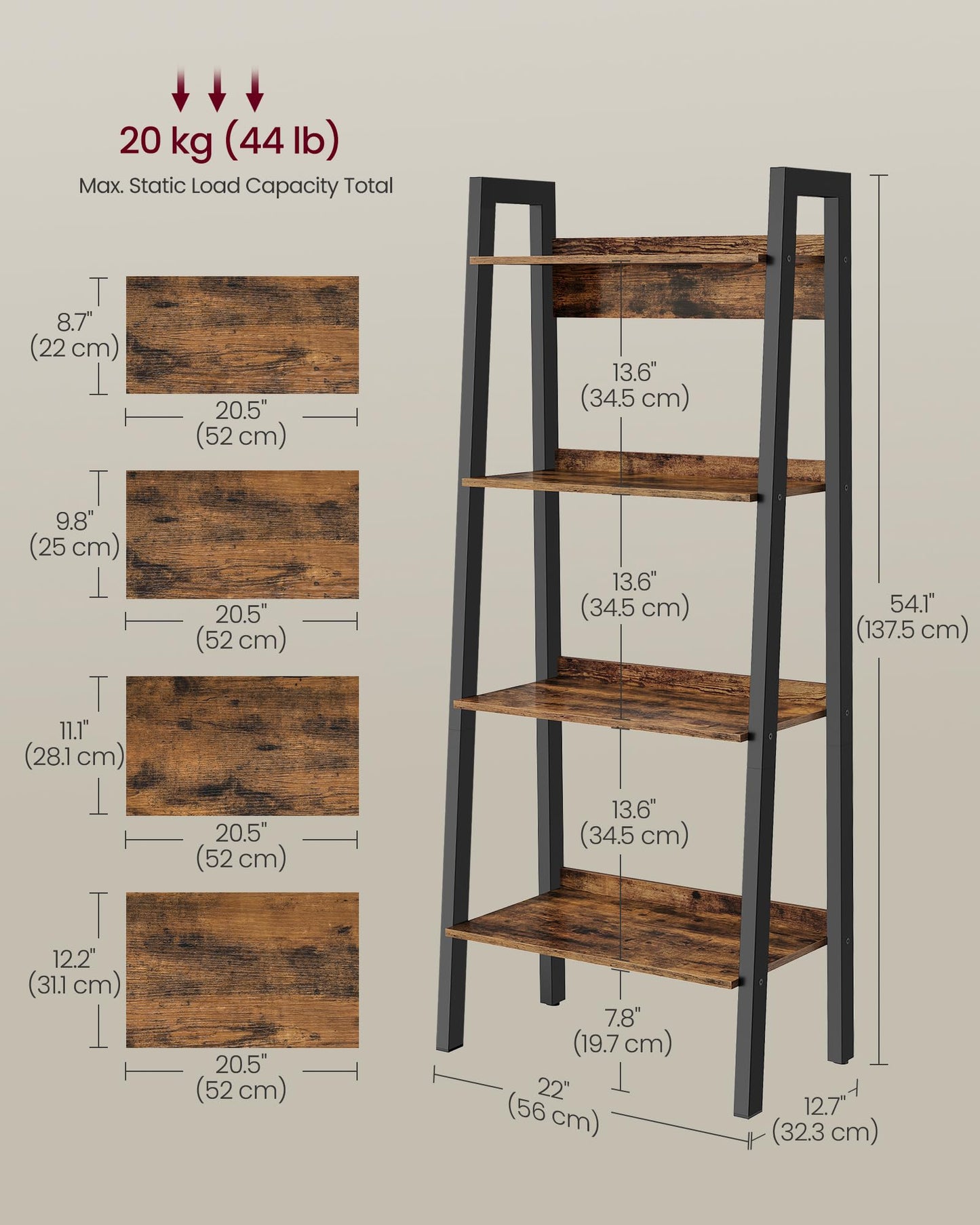 VASAGLE Ladder Shelf, 5-Tier Bookshelf, Storage Rack, Bookcase with Steel Frame, for Living Room, Home Office