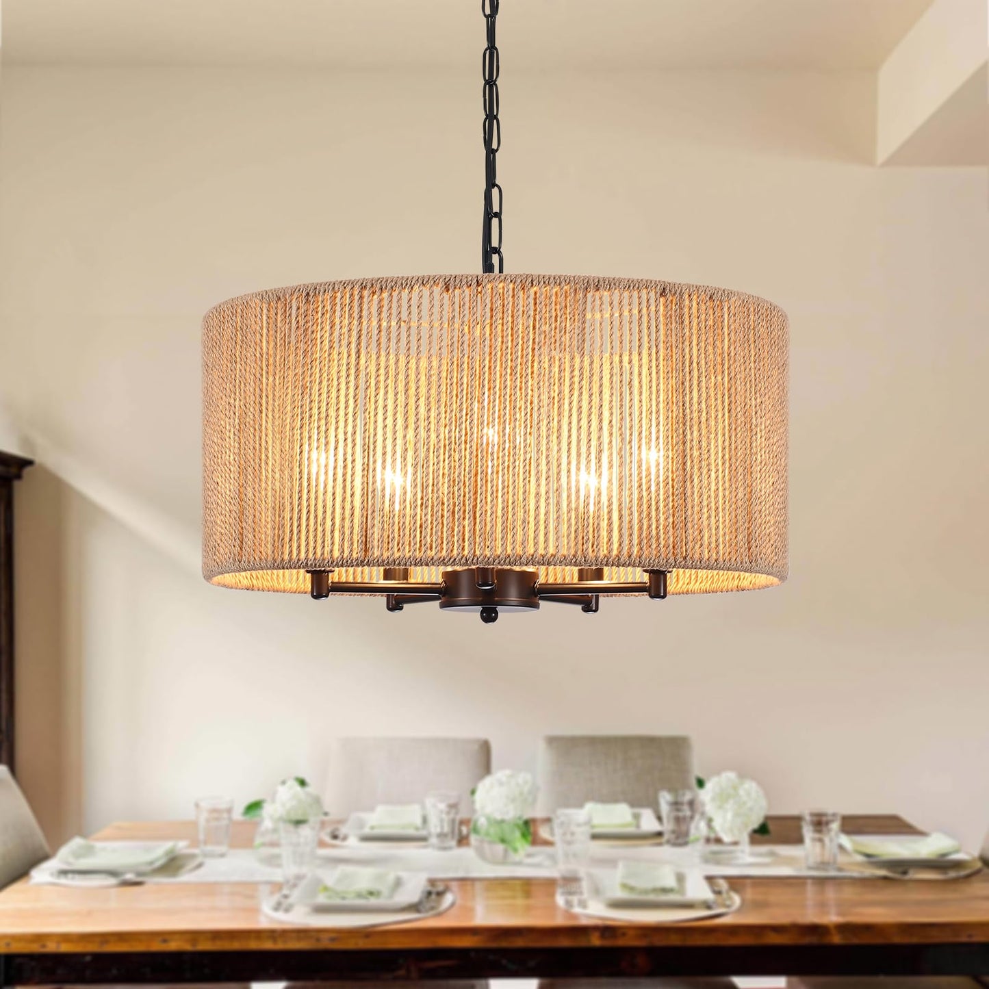 LASENCHOO 5 Lights Boho Drum Chandeliers for Dining Room Light Fixture, 19" Woven Pendant Light Fixture Hanging Bohemian Chandelier