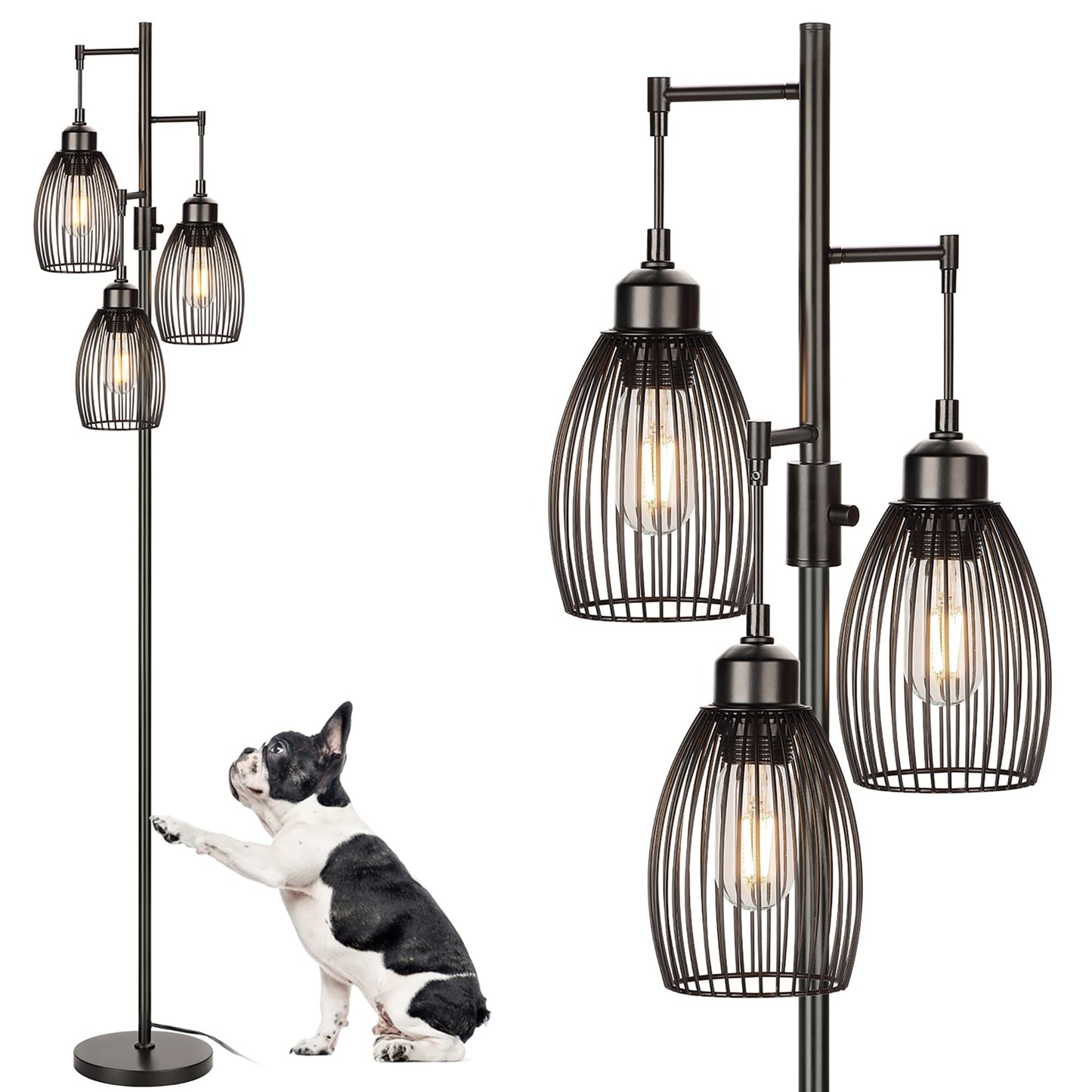 Dimmable Industrial Floor Lamps for Living Room, Gold Tree Standing Tall Lamps with 3 Elegant Teardrop Cage Head & 800 Lumens LED Bulbs