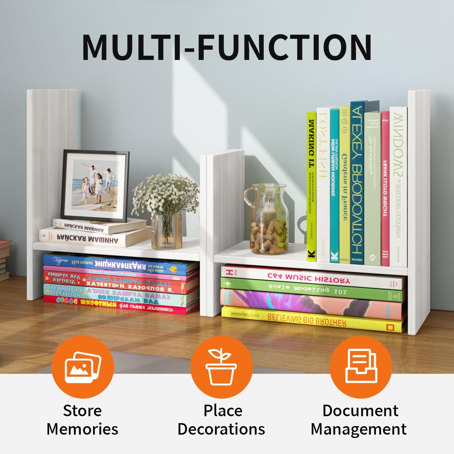 YSJILIDE Wood Adjustable Small Desktop Bookshelf, Expandable Storage Organizer