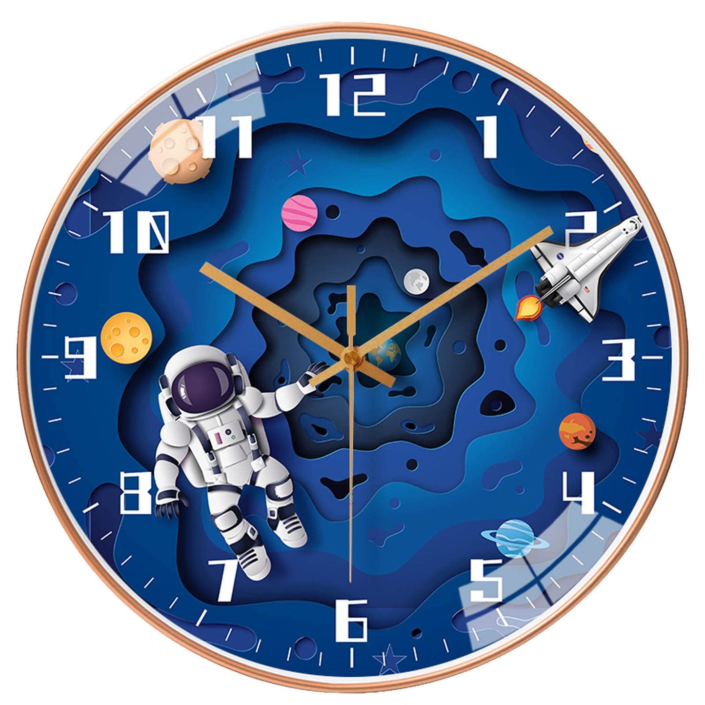 12 Inch Silent Movement Kids Wall Clock, Non Ticking Children Round Wall Clock Battery Operated Space Travel Style Decor Children Clock for School Boys Bedroom Living Room Space Decor (Blue)