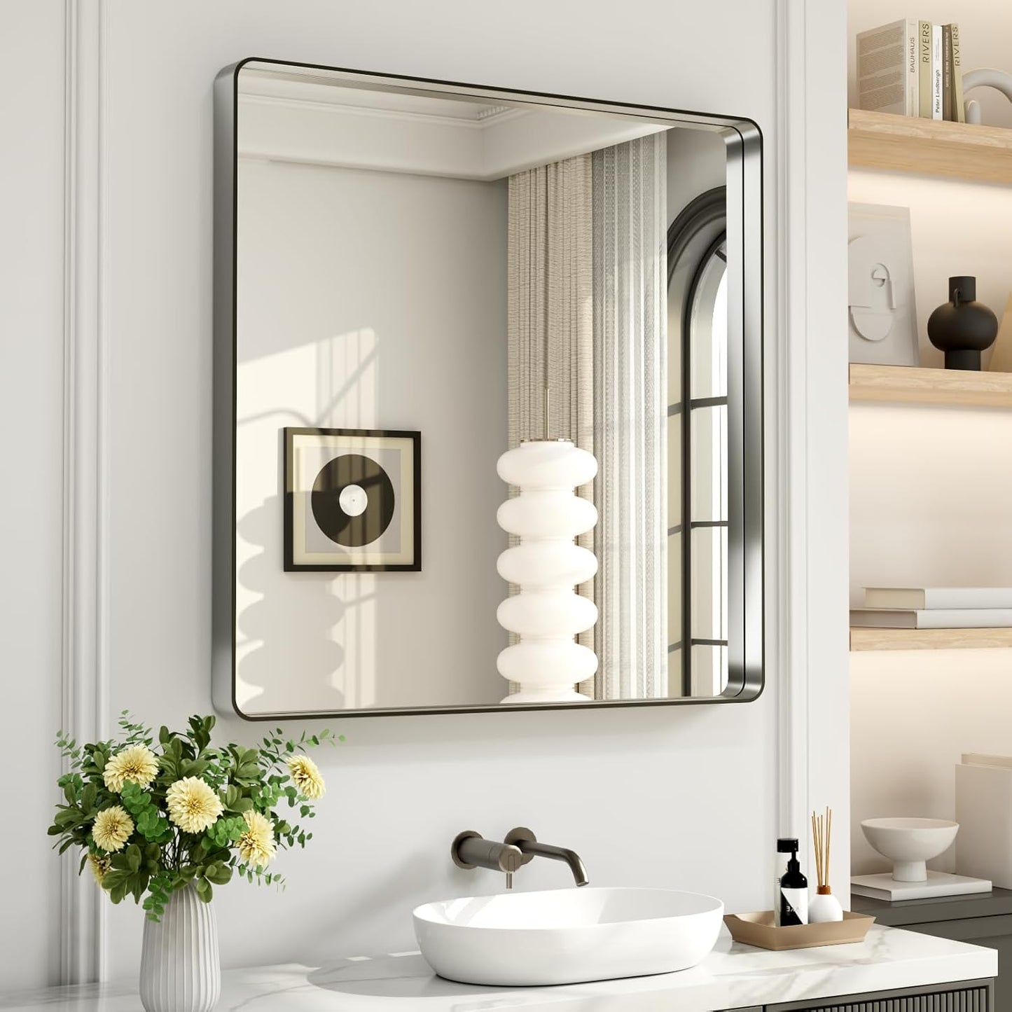 LOAAO Black Metal Framed Bathroom Mirror for Wall, 24X36 Inch Rounded Rectangle Mirror, Matte Black Bathroom Vanity Mirror Farmhouse, Anti-Rust, Hangs Horizontally or Vertically