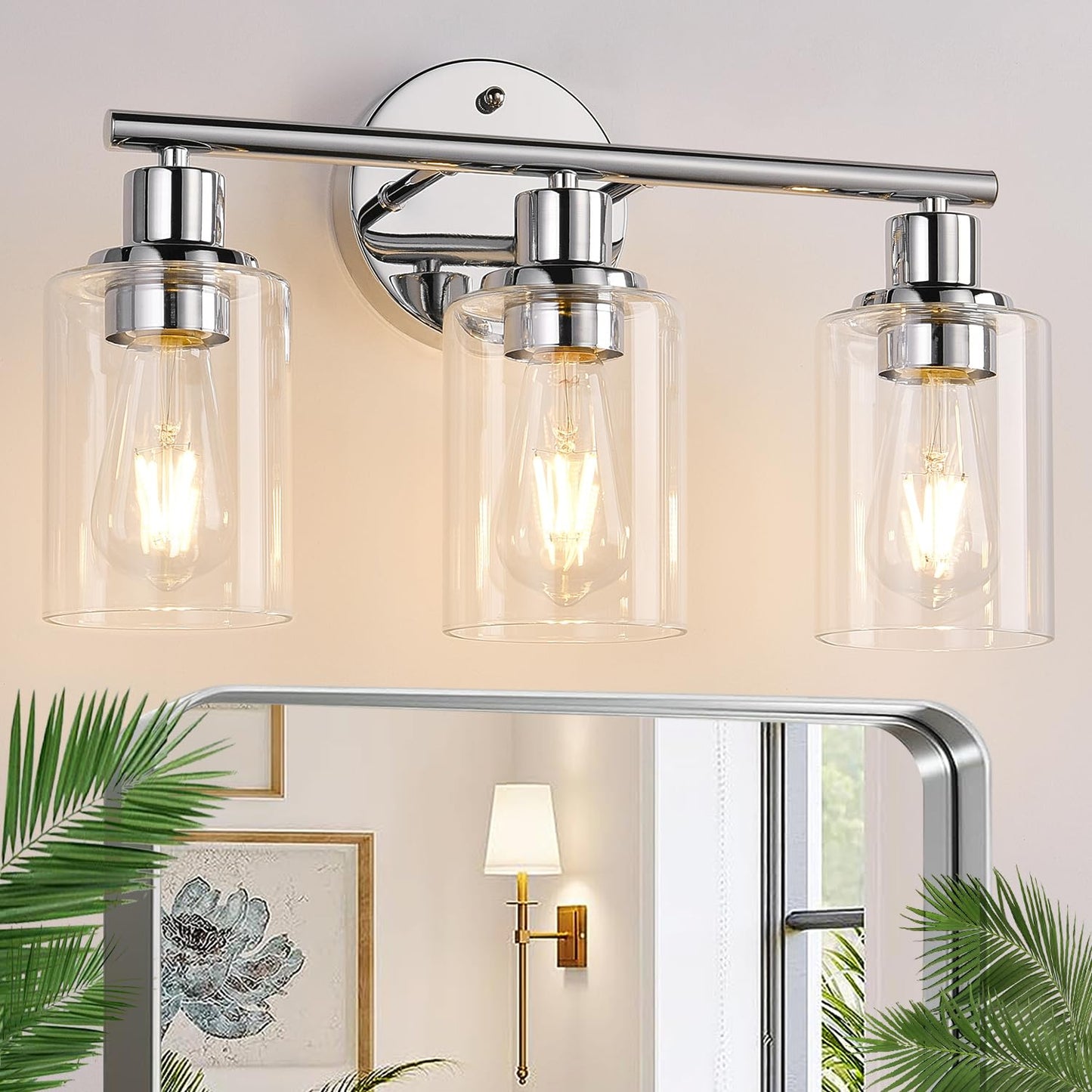 3-Light Bathroom Light Fixtures, Black Modern Vanity Lights with Clear Glass Shade, Bathroom Wall Lamp