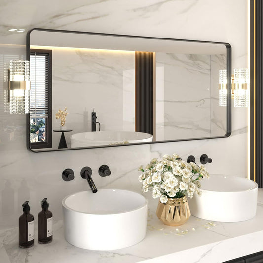 LOAAO Black Metal Framed Bathroom Mirror for Wall, 24X36 Inch Rounded Rectangle Mirror, Matte Black Bathroom Vanity Mirror Farmhouse, Anti-Rust, Hangs Horizontally or Vertically