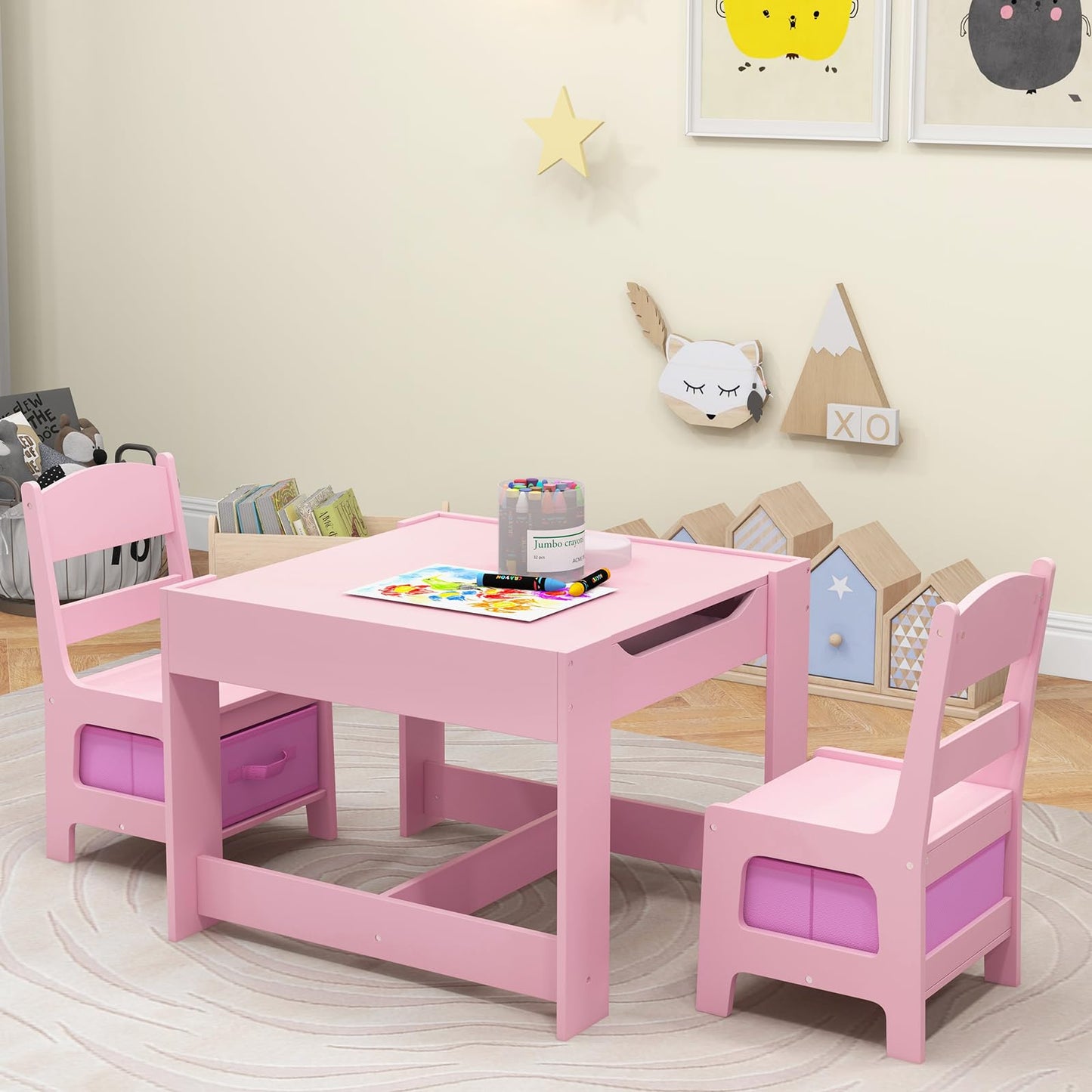Costzon Kids Table and Chairs, 4 in 1 Wooden Activity Desk Set w/Reversible Tabletop, Bookshelves & Storage Drawers for Drawing, Reading, Crafts, Playing, Toddler Table and Chair Set