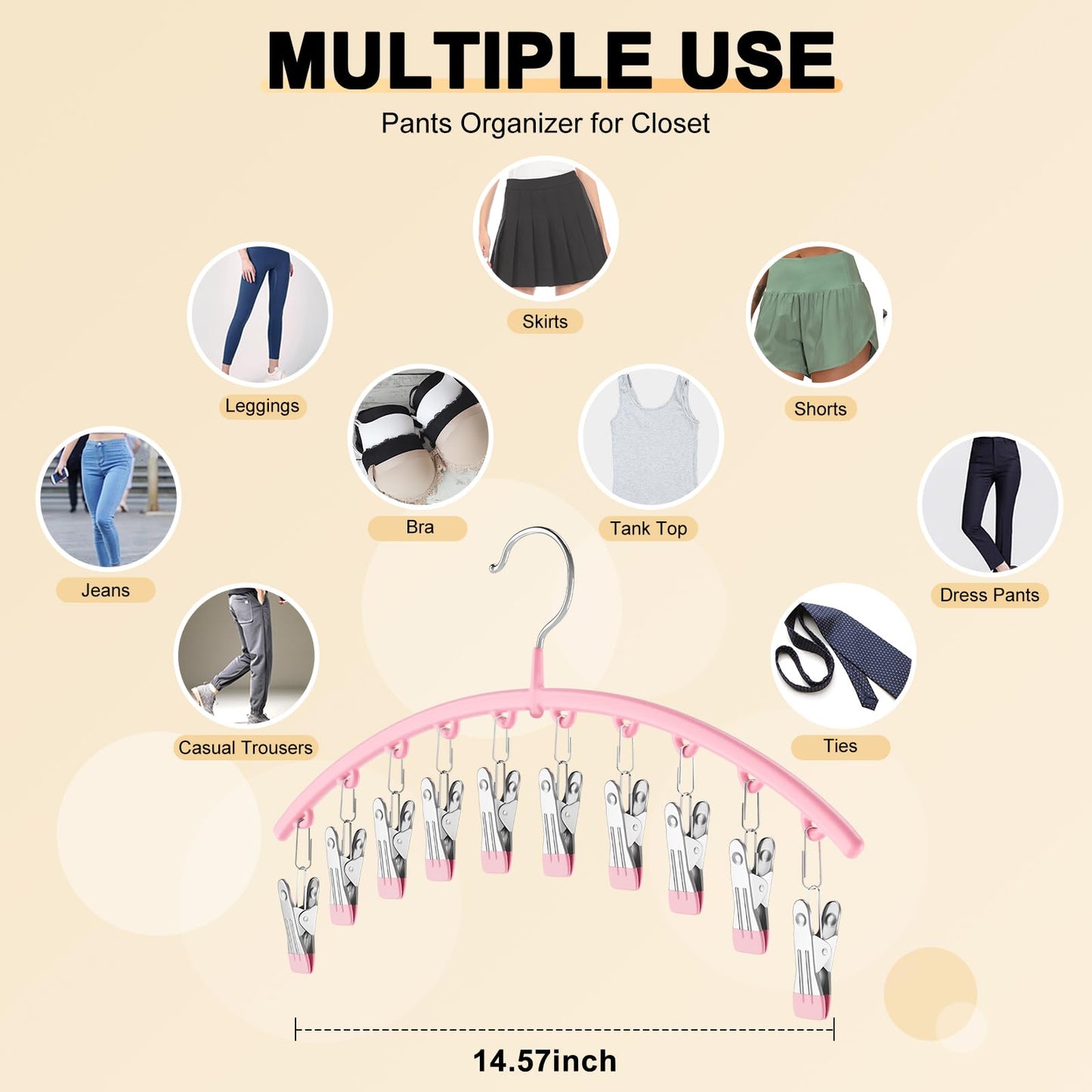 Metal Yoga Pants Hangers 2 Pack w/10 Clips Holds 20 Leggings, Space Saving Hanging Closet Organizer w/Rubber Coated Closet Organizer