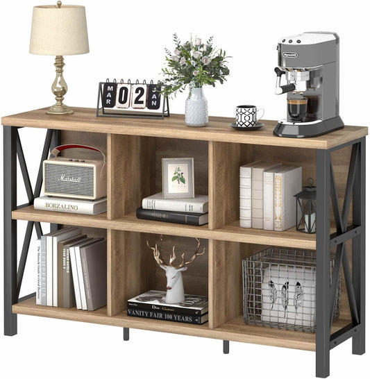 FATORRI 6 Cube Storage Organizer with Shelf, Long Wood and Metal Cubby Bookcase