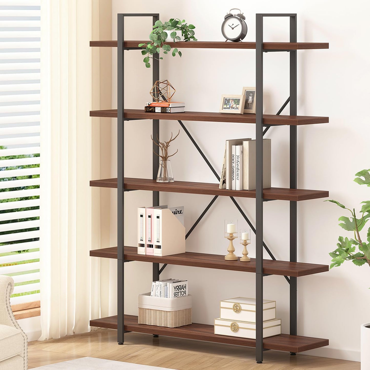 HSH Tall Bookcases and Book Shelves 6 Shelf, Metal Wooden Book Shelf and Storage Rack, Modern Etagere 6 Tier Bookshelf, Farmhouse Large Display Bookshelves for Bedroom Living Room Office, Rustic Oak