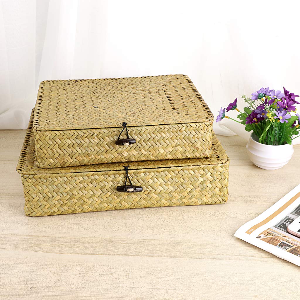 Hipiwe Set of 2 Flat Woven Wicker Storage Bins with Lid Natural Seagrass Basket Multipurpose Home Boxes for Shelf Organizer (Coffee)